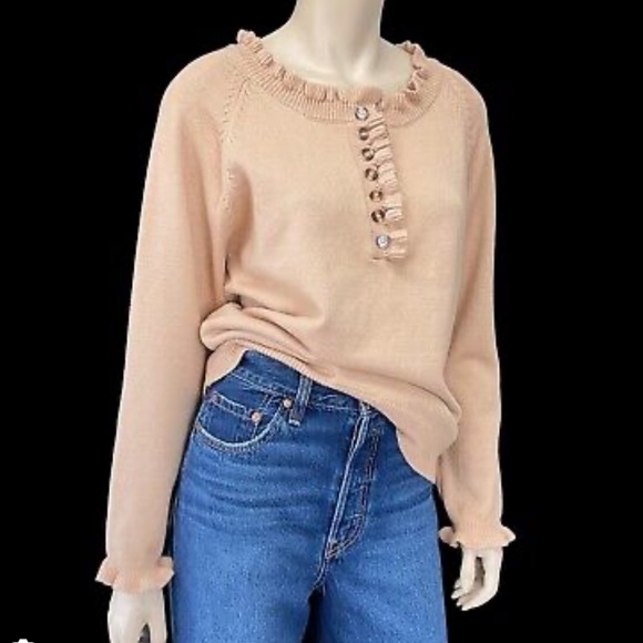 BTFBM Women's Tan Soft Ruffle Partial Button Down Sweater small - Picture 9 of 10